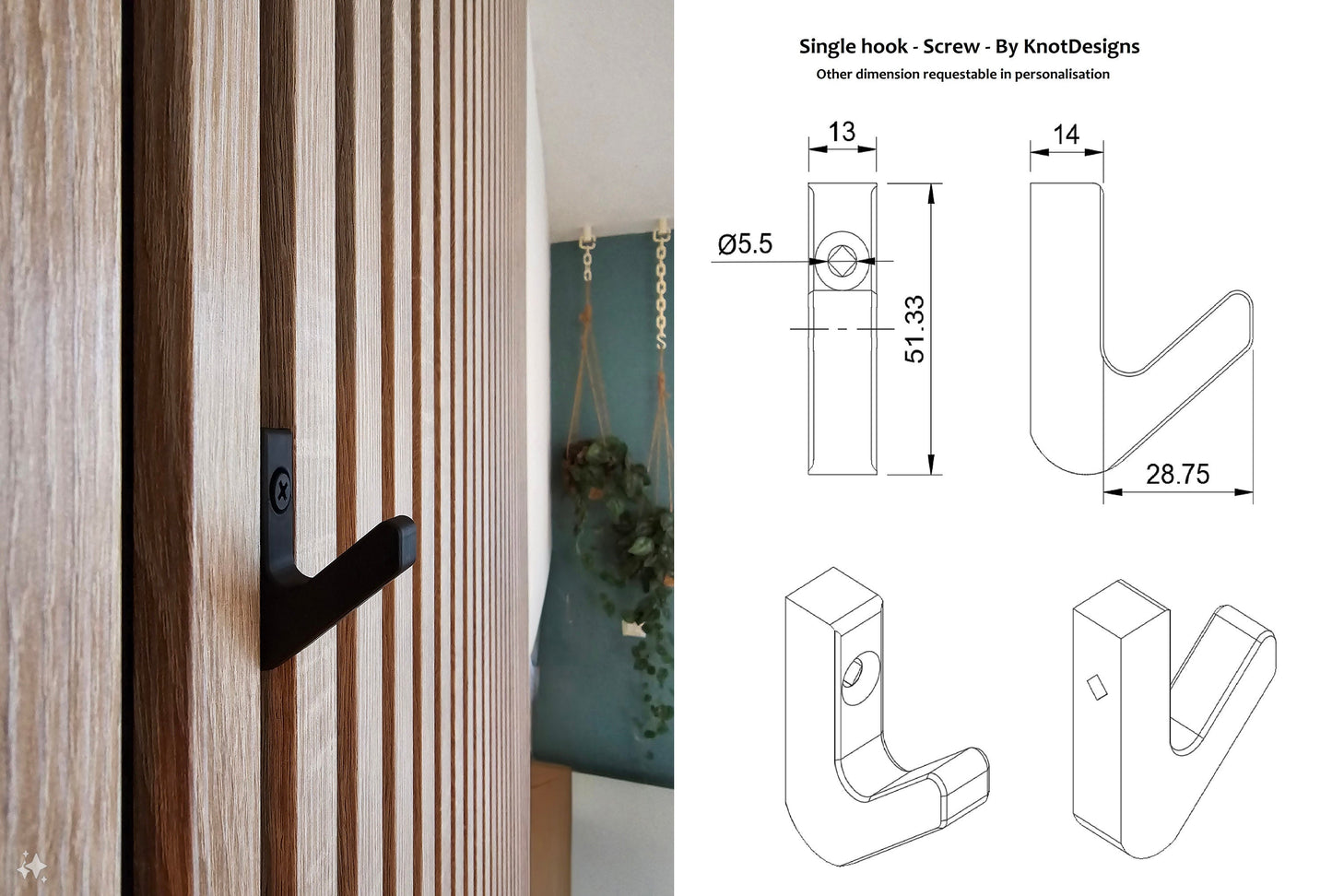 Acoustic panel hook - Coat rack - Single Hook - Screw