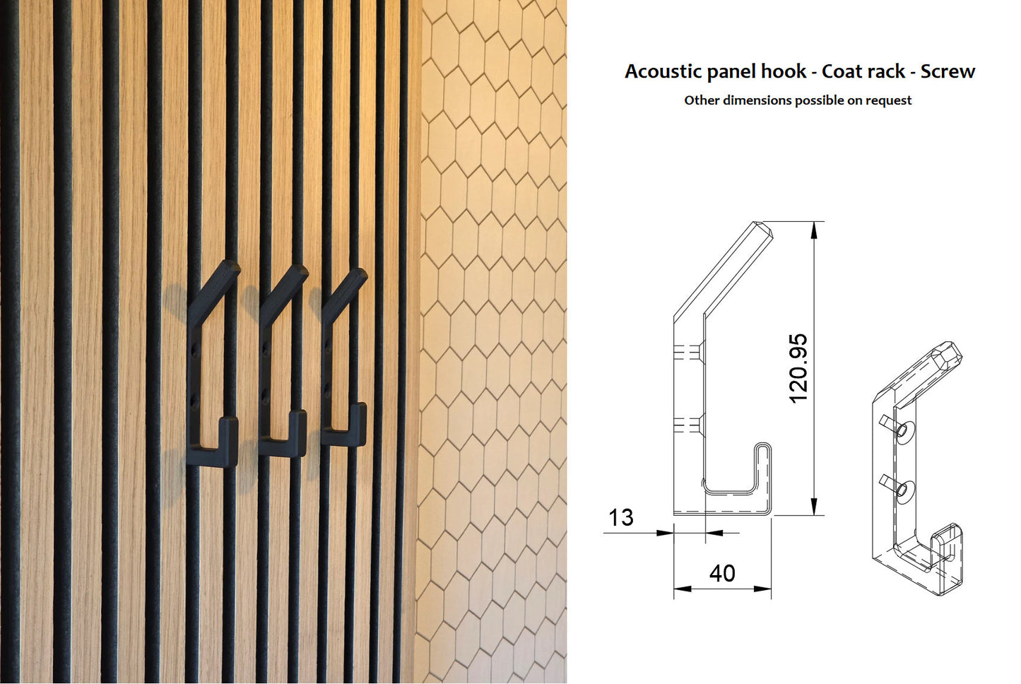 Acoustic panel hook - double coat hook - Screw version